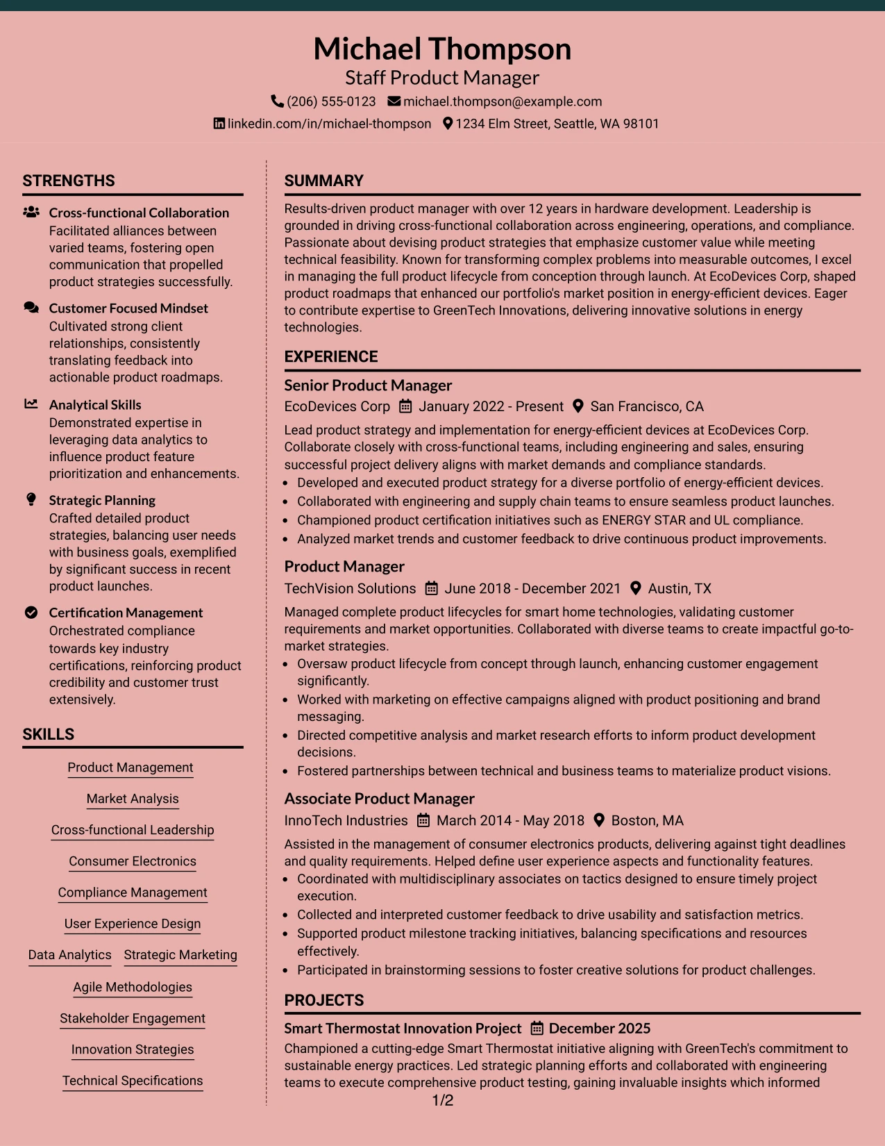 Resume Example Page 1