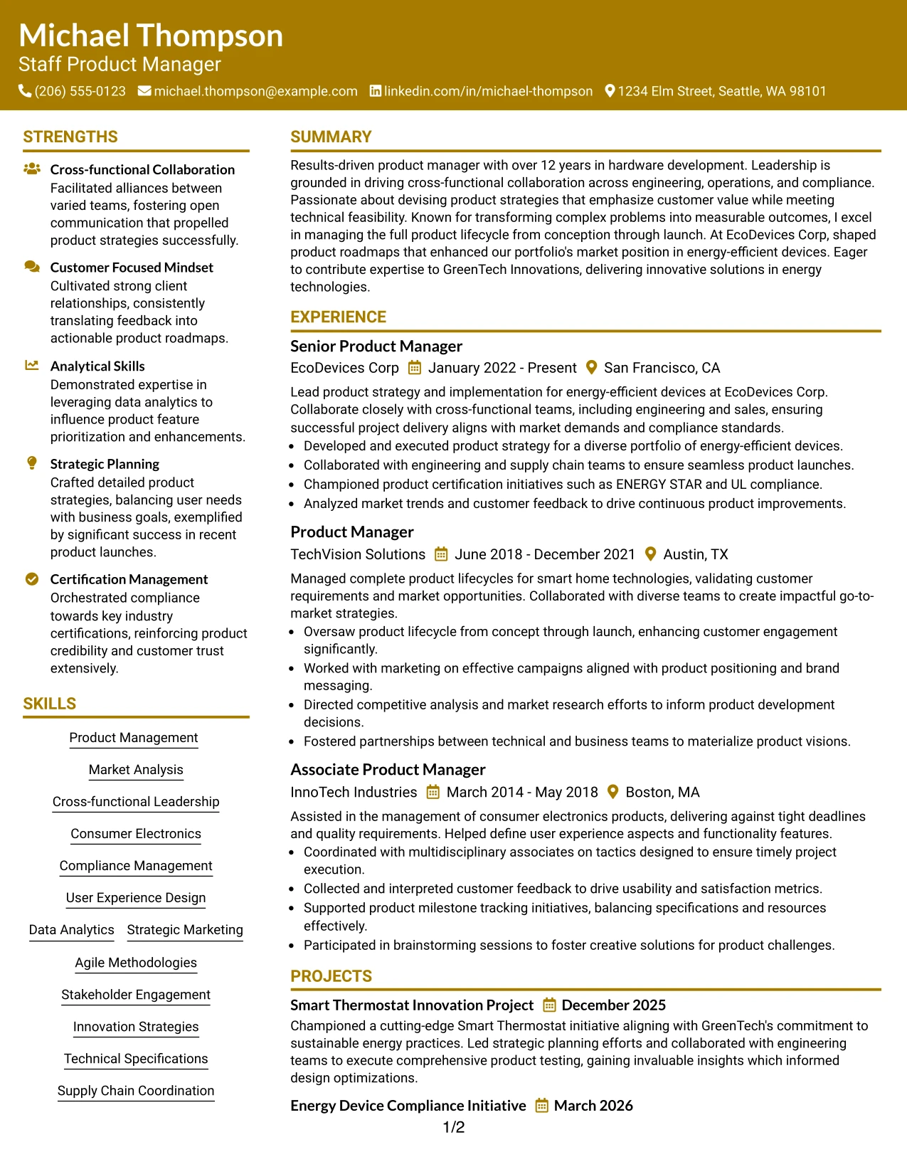 Resume Example Page 1