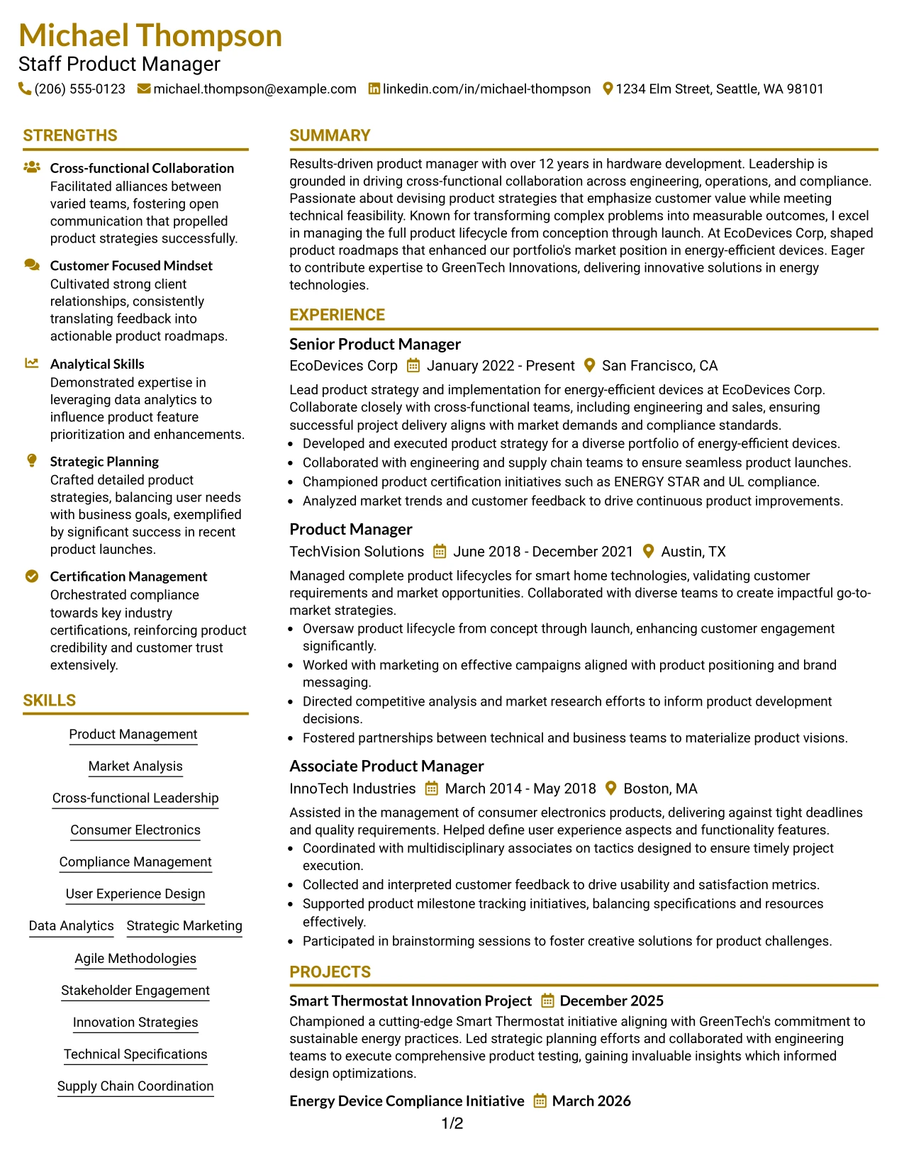 Resume Example Page 1