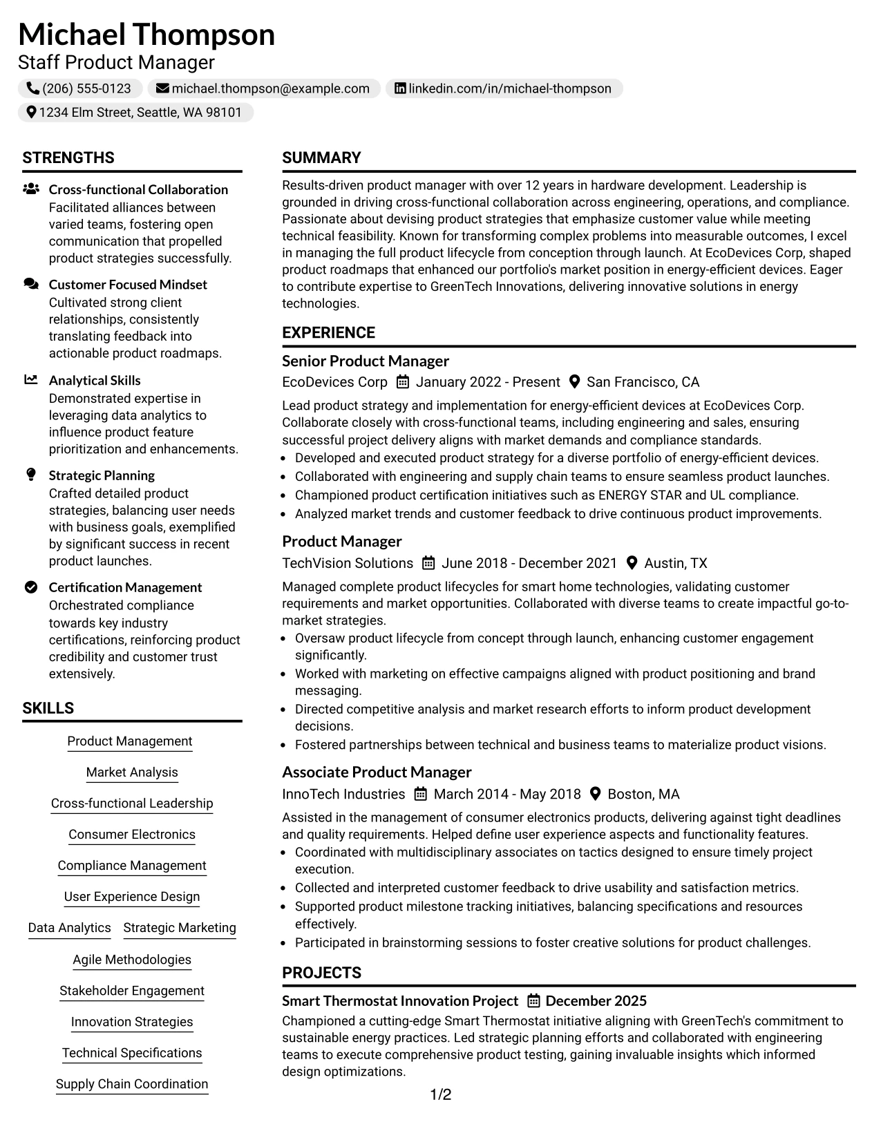 Resume Example Page 1