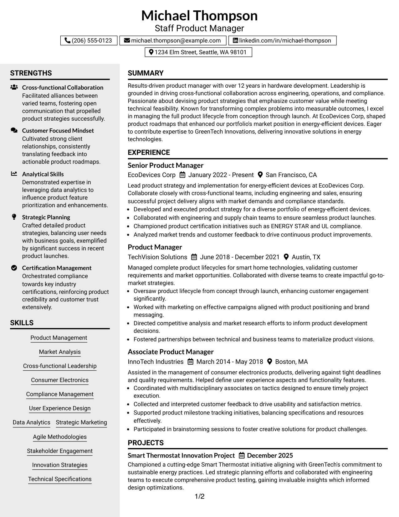 Resume Example Page 1
