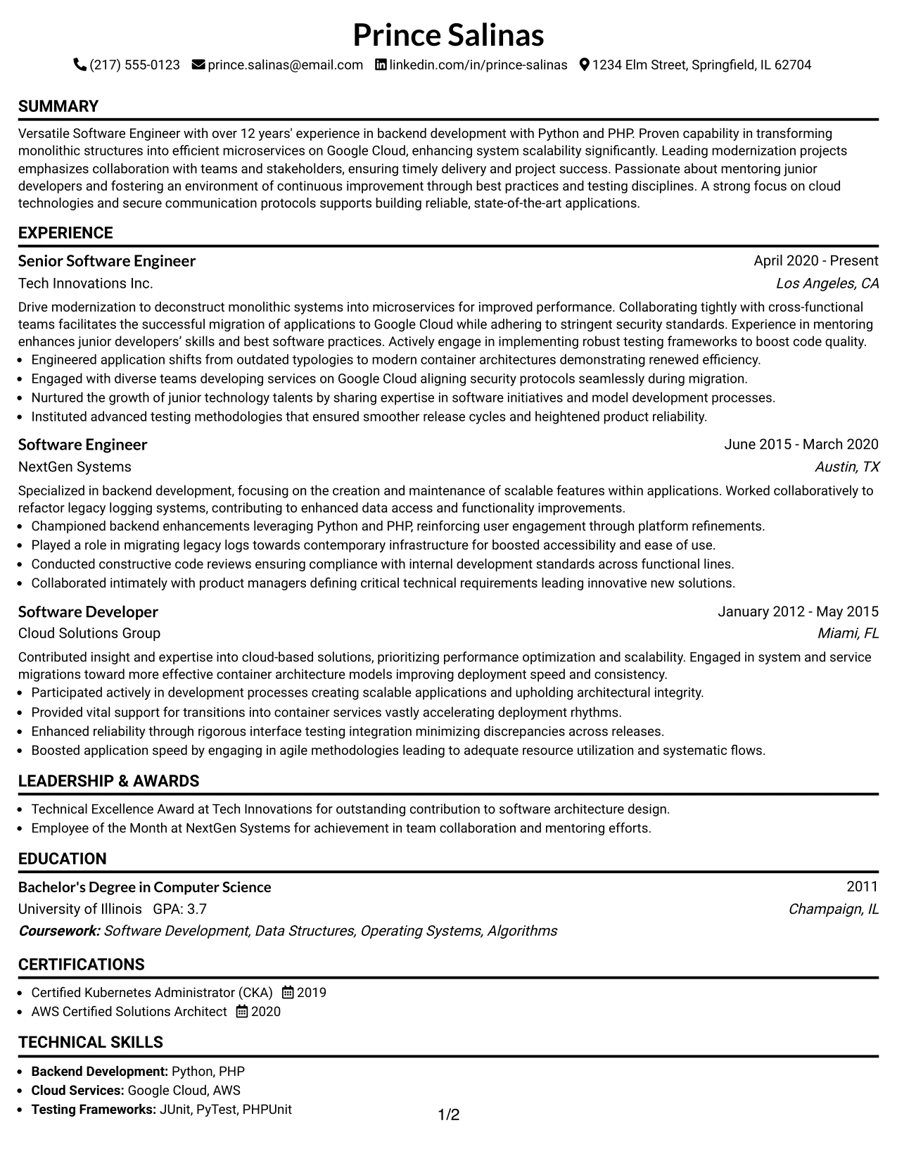 Resume Example Page 1