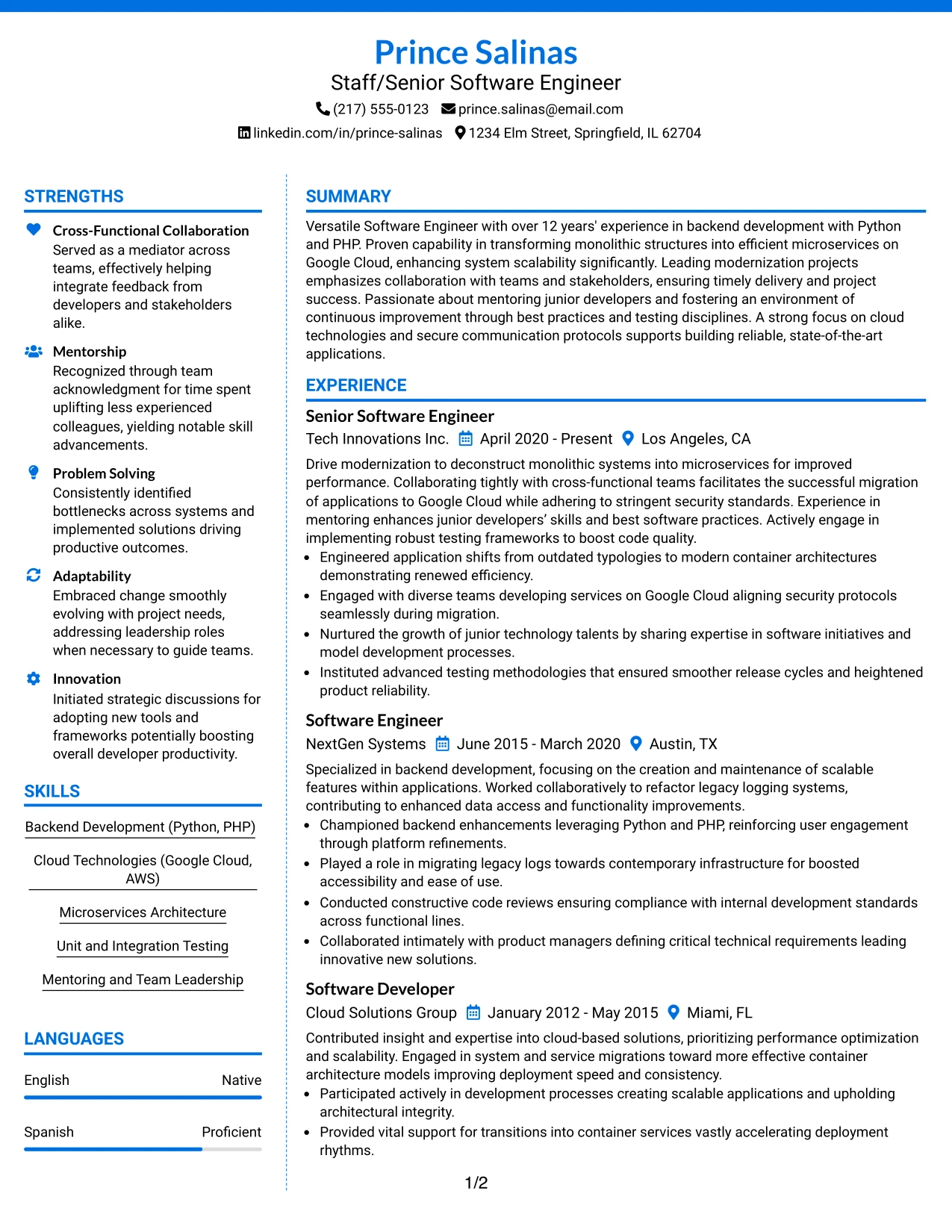 Resume Example Page 1