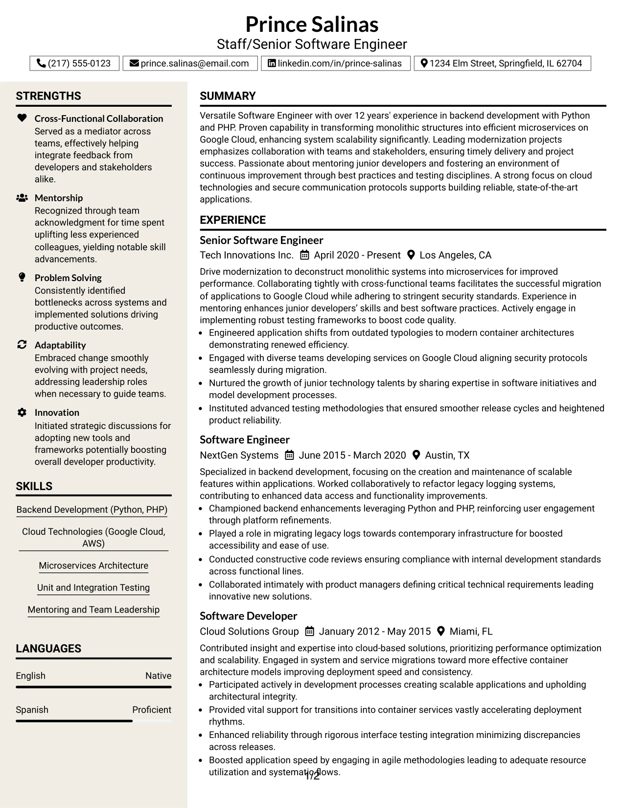 Resume Example Page 1