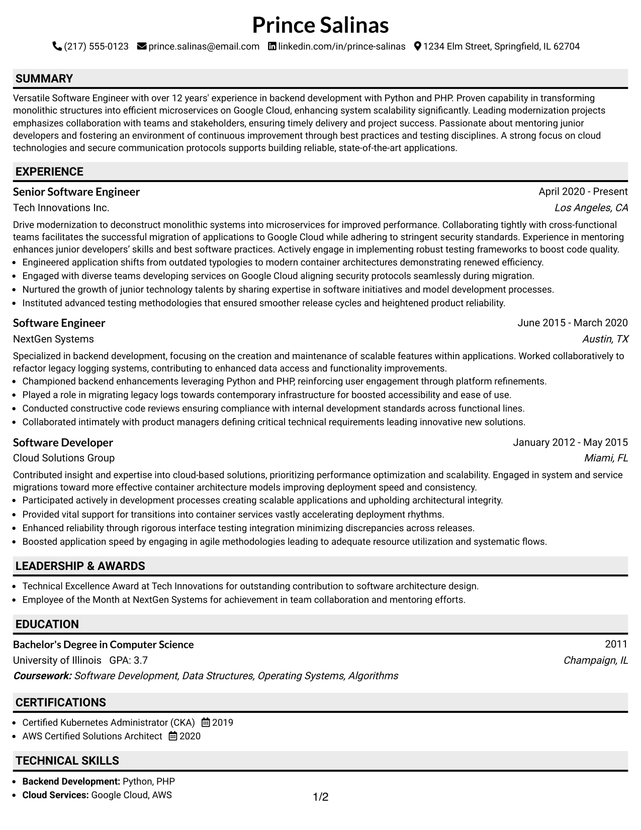 Resume Example Page 1