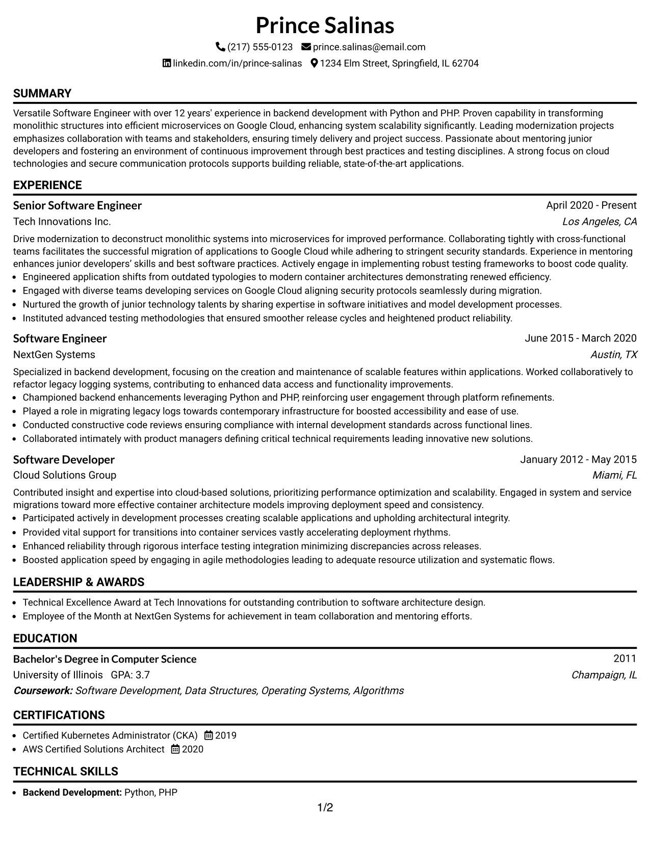 Resume Example Page 1