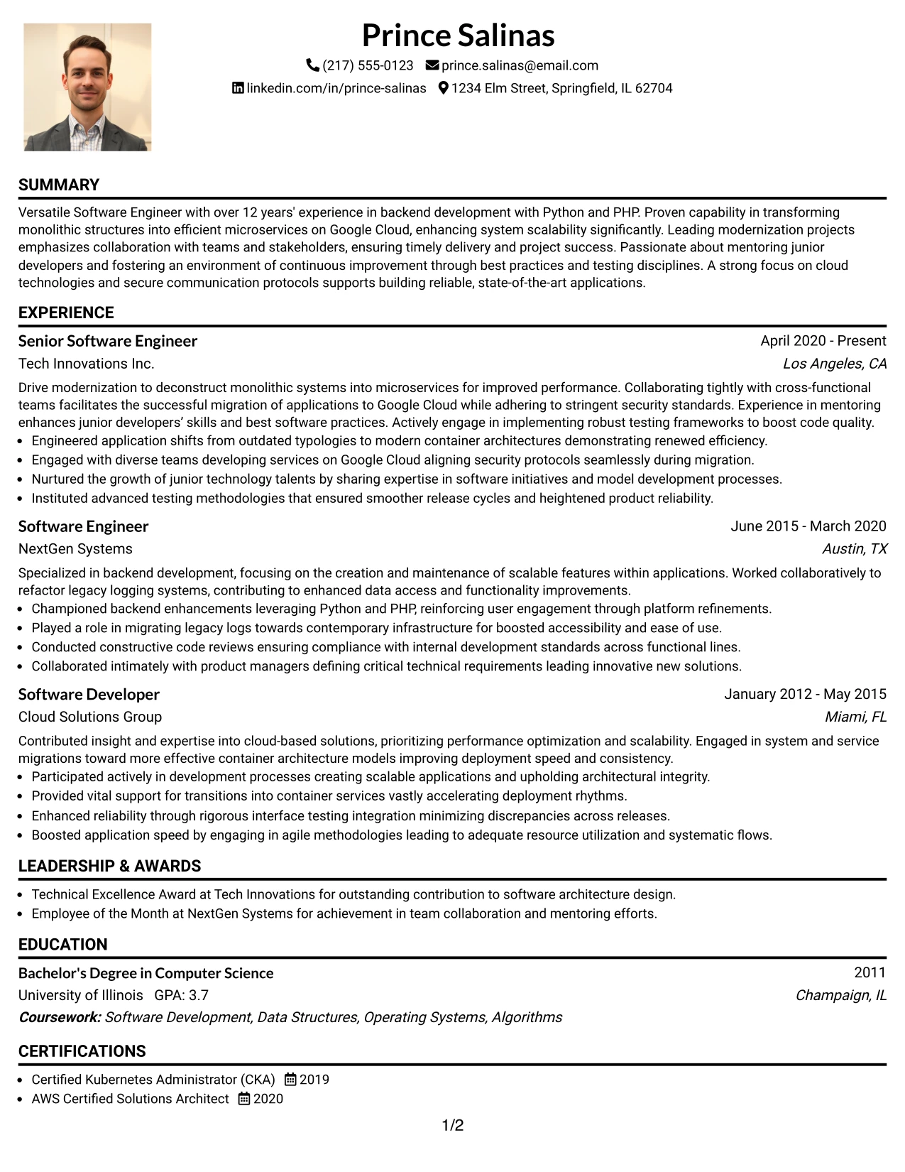 Resume Example Page 1