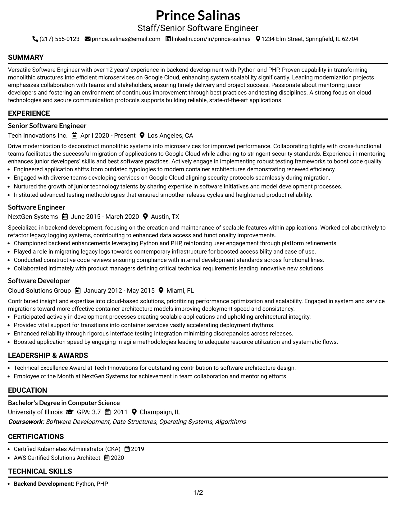 Resume Example Page 1