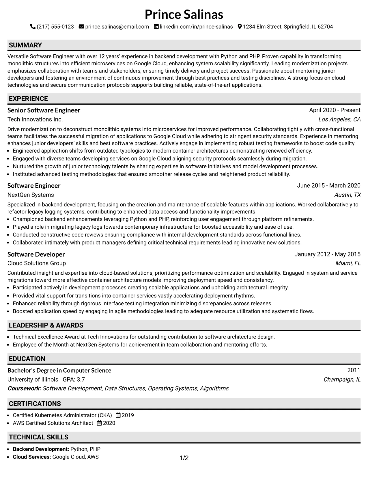 Resume Example Page 1