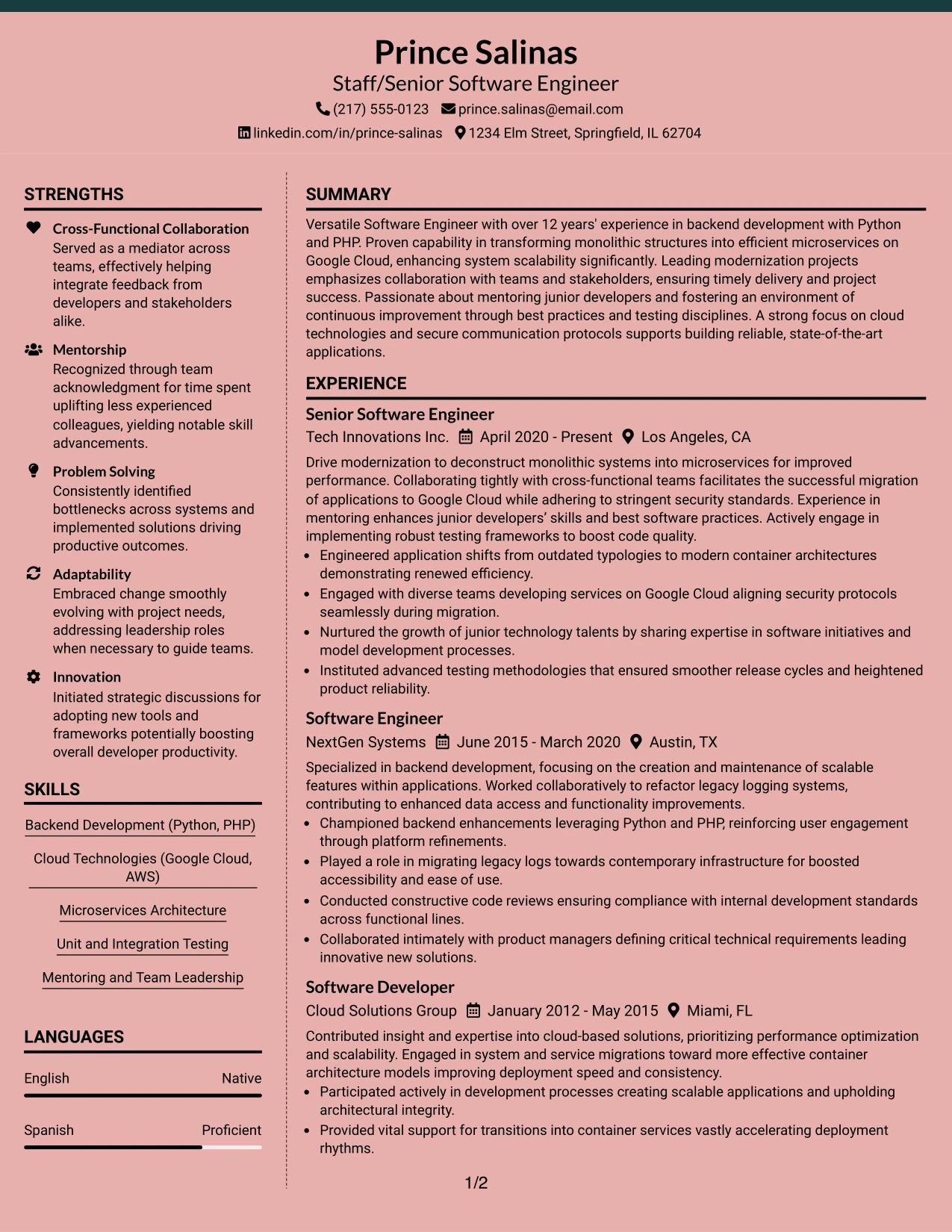 Resume Example Page 1
