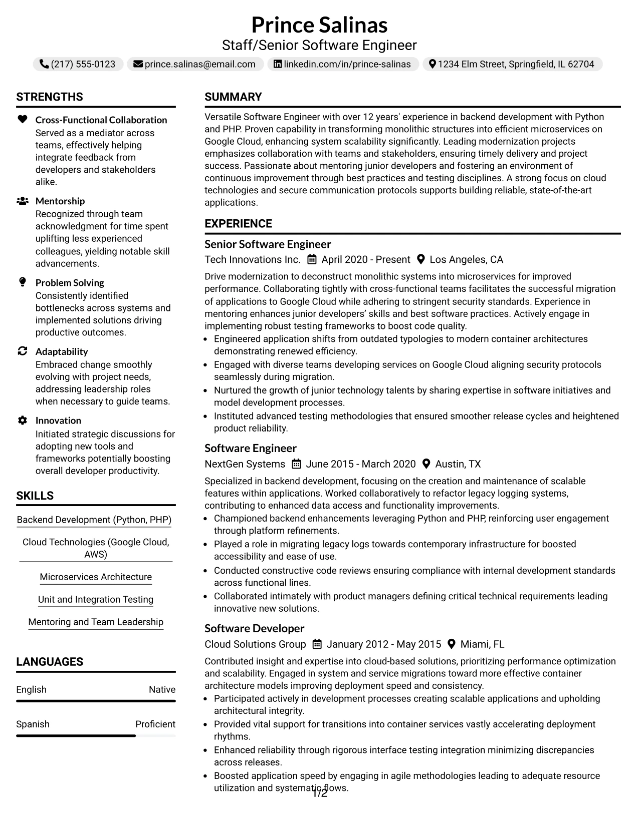 Resume Example Page 1