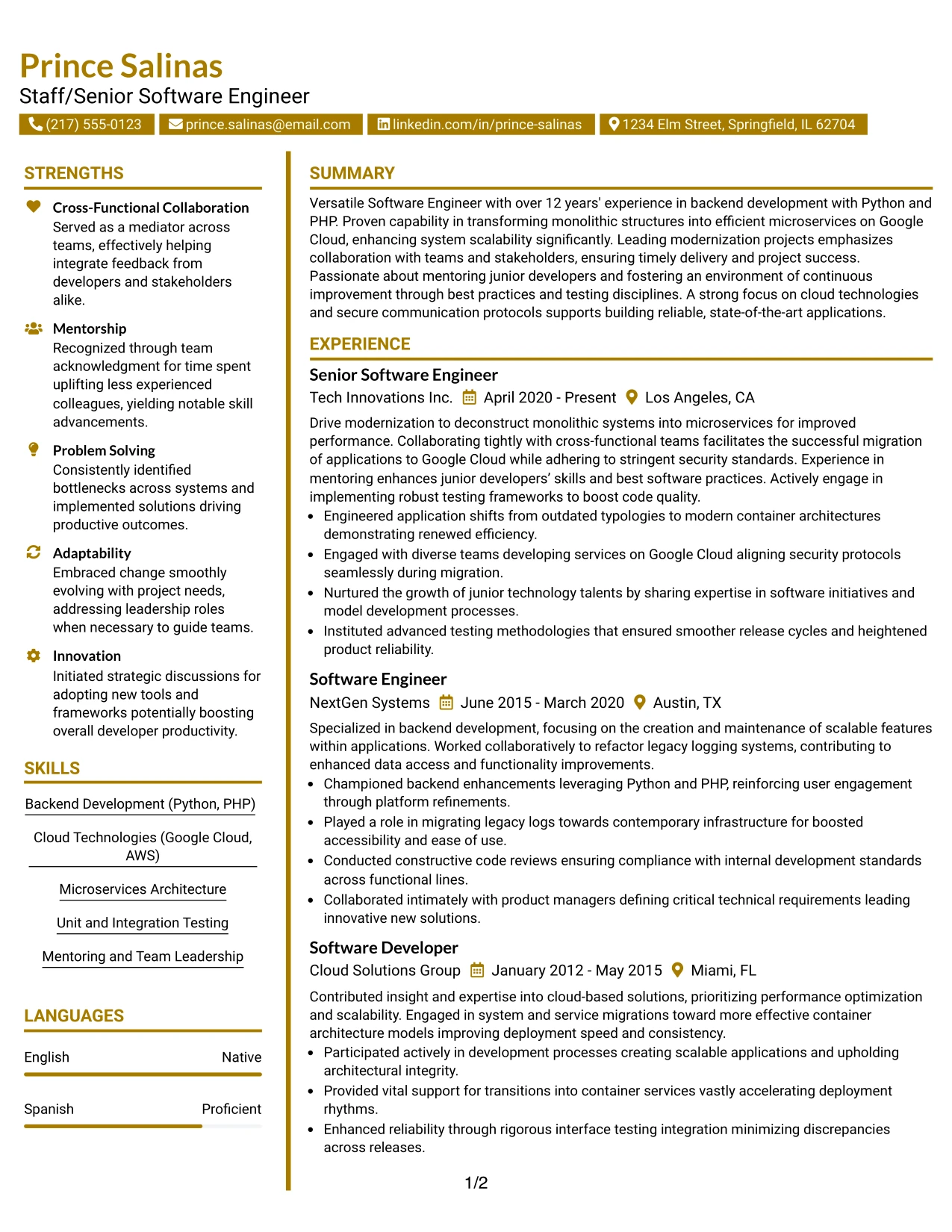 Resume Example Page 1