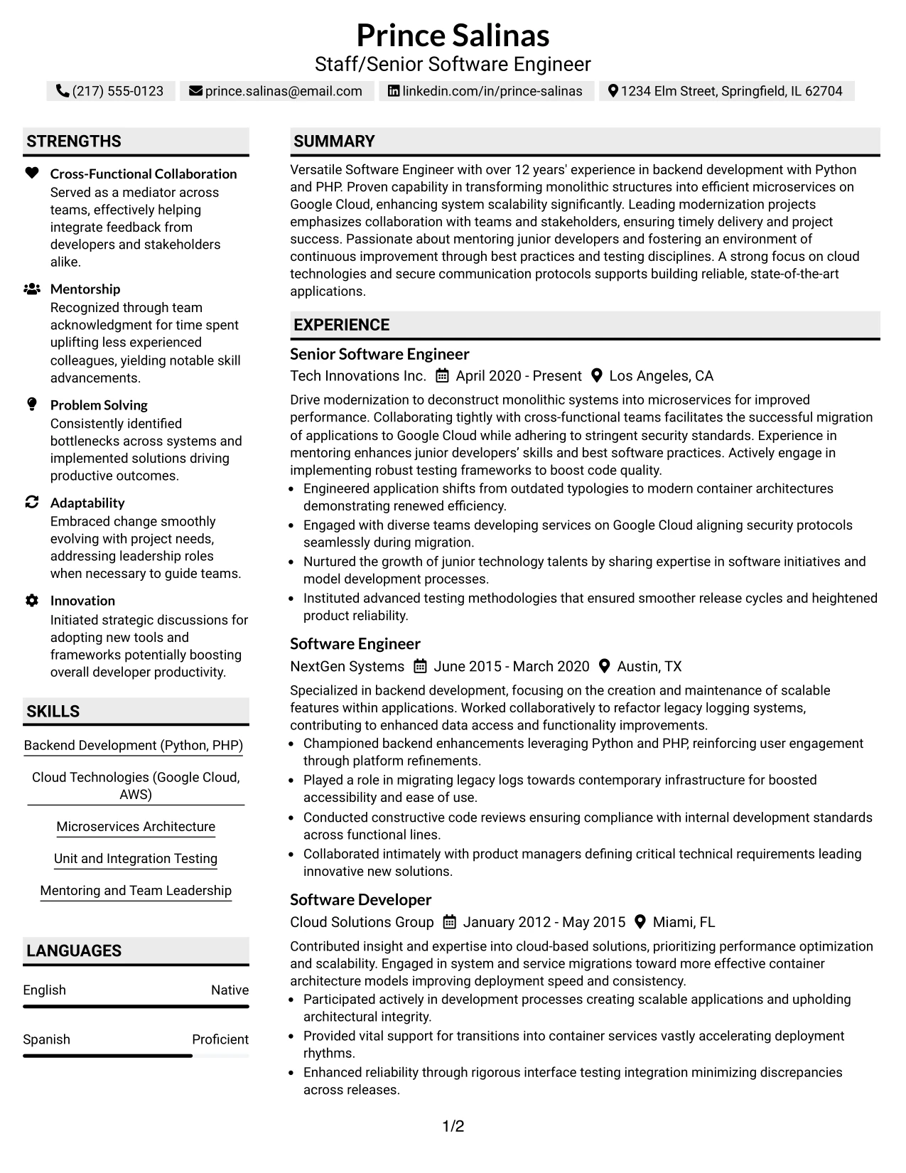 Resume Example Page 1