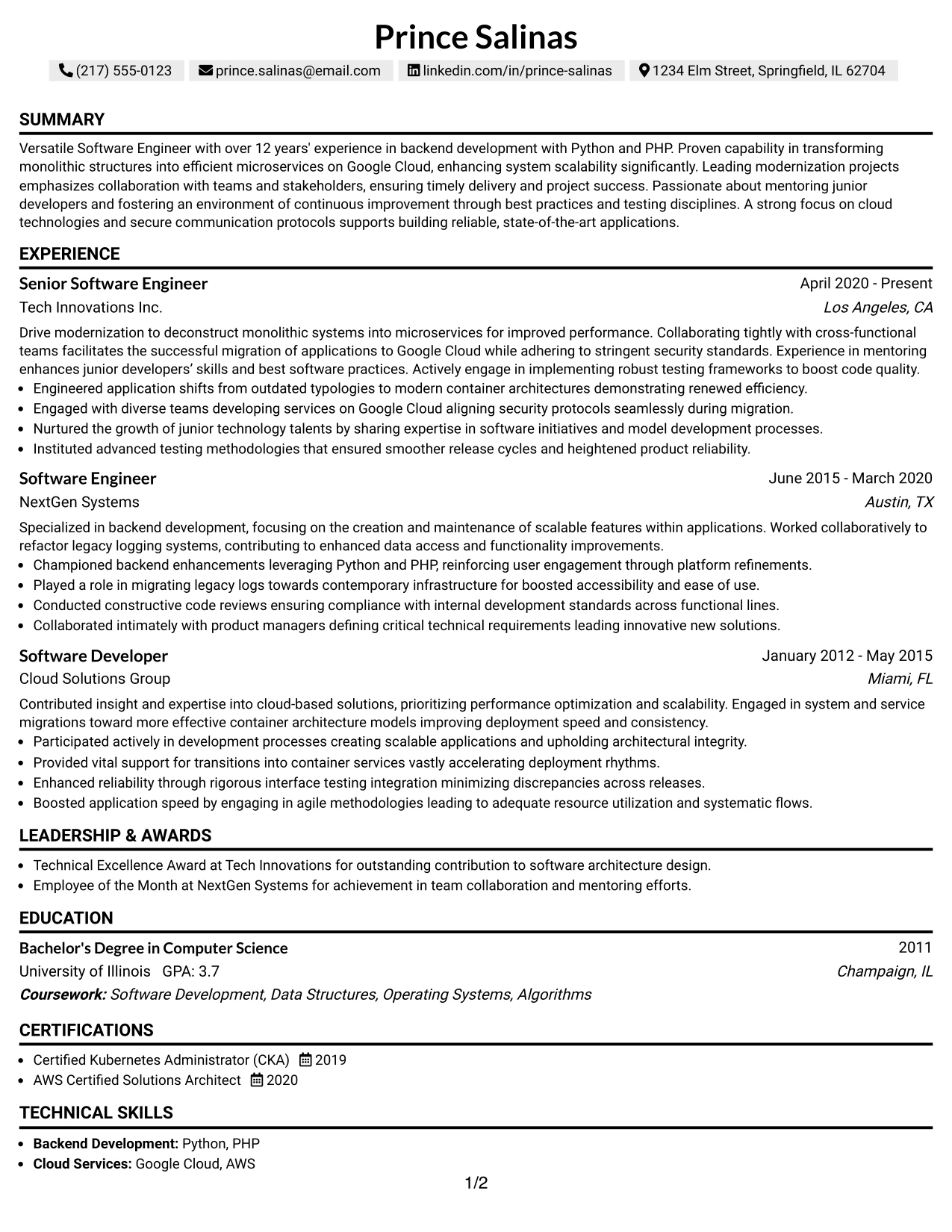 Resume Example Page 1