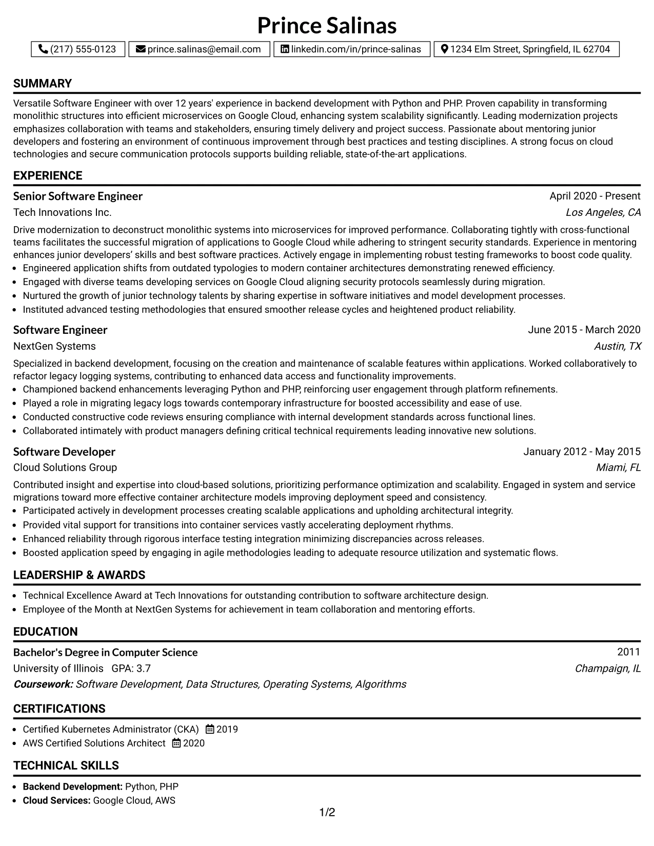 Resume Example Page 1