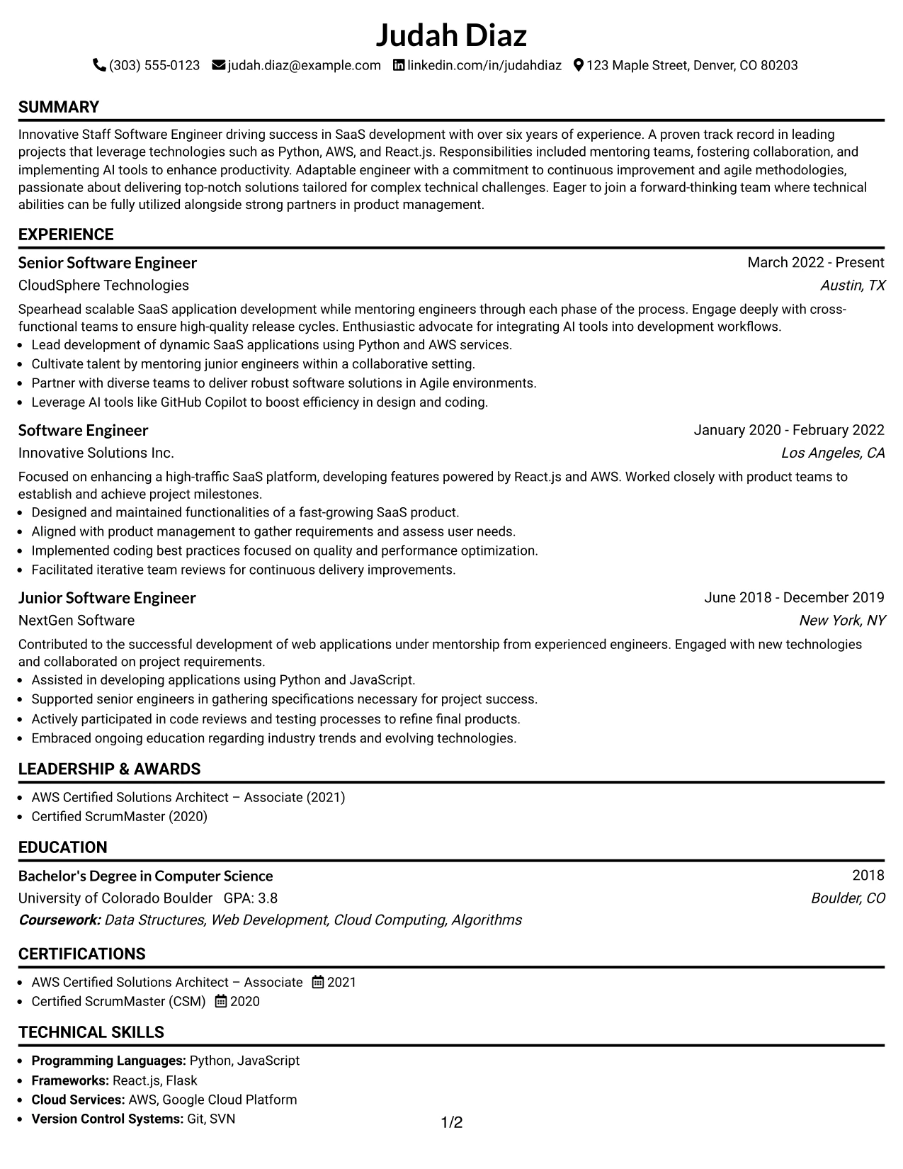 Resume Example Page 1