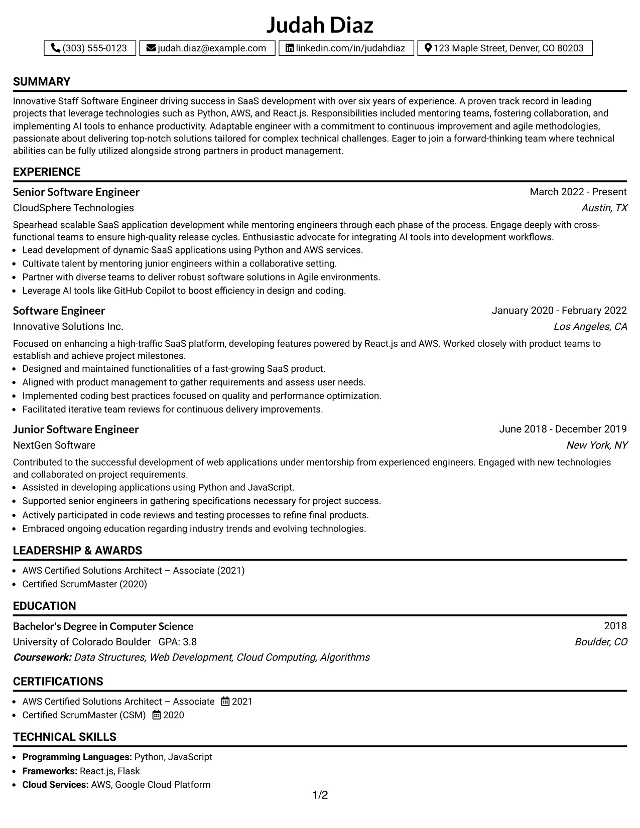Resume Example Page 1