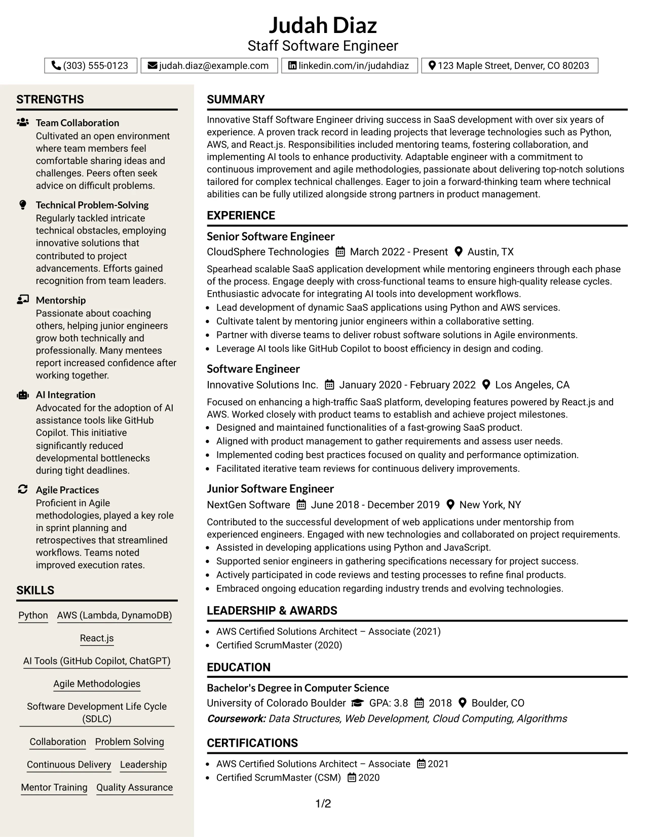 Resume Example Page 1