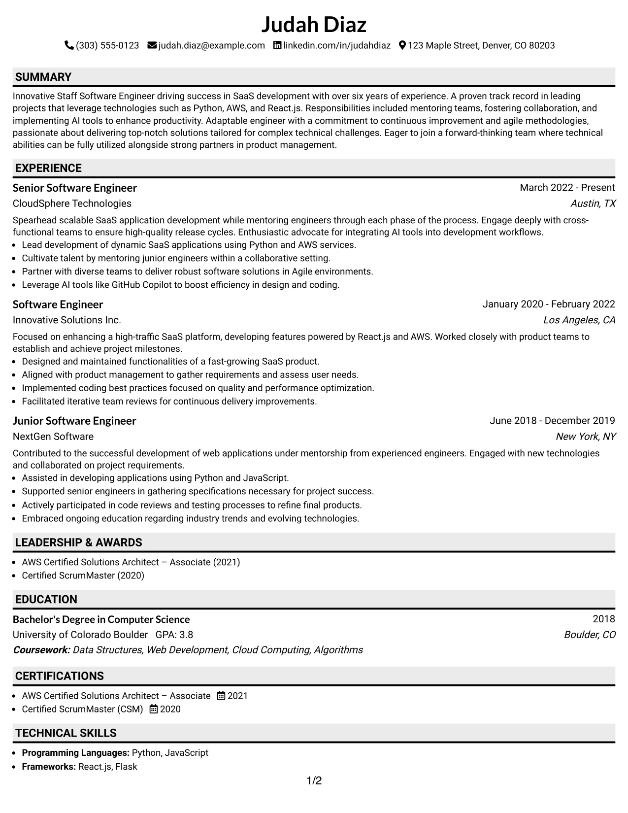 Resume Example Page 1