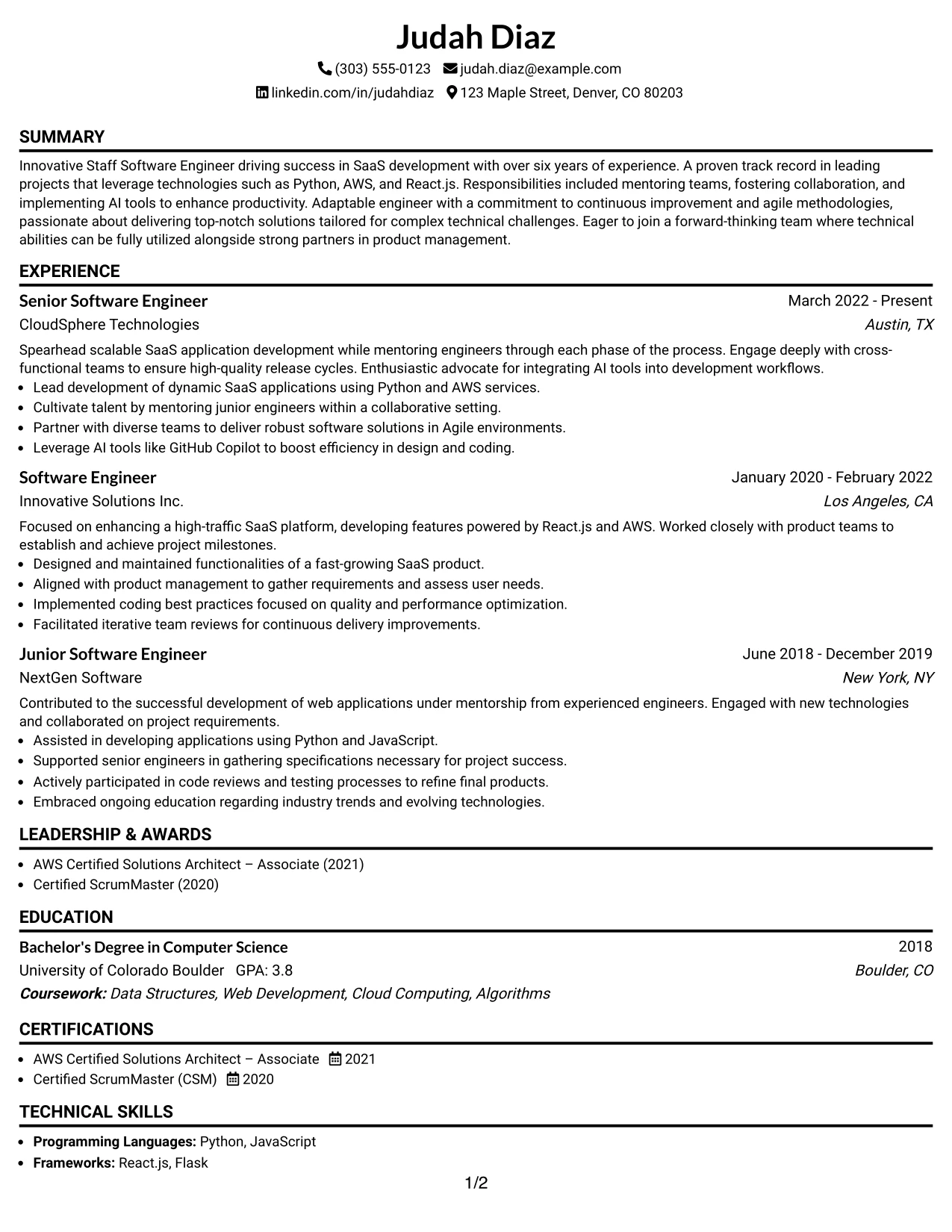 Resume Example Page 1