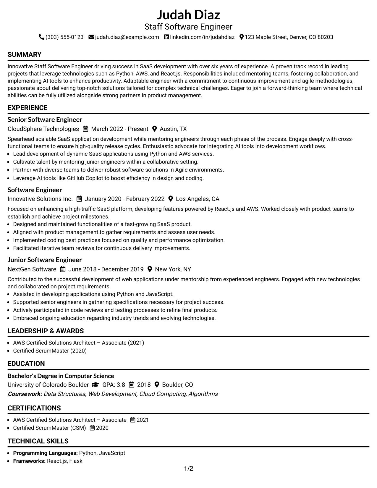 Resume Example Page 1