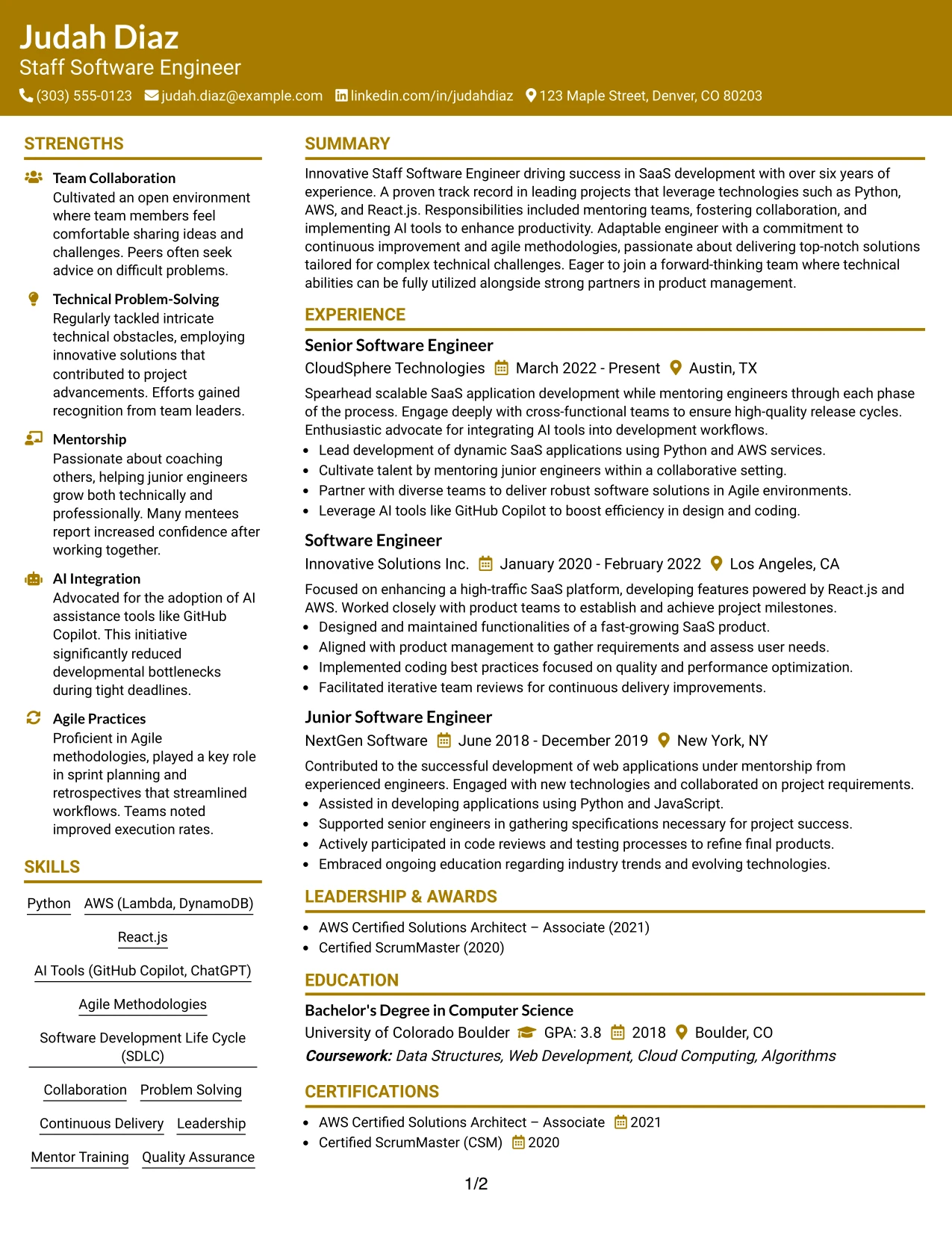 Resume Example Page 1