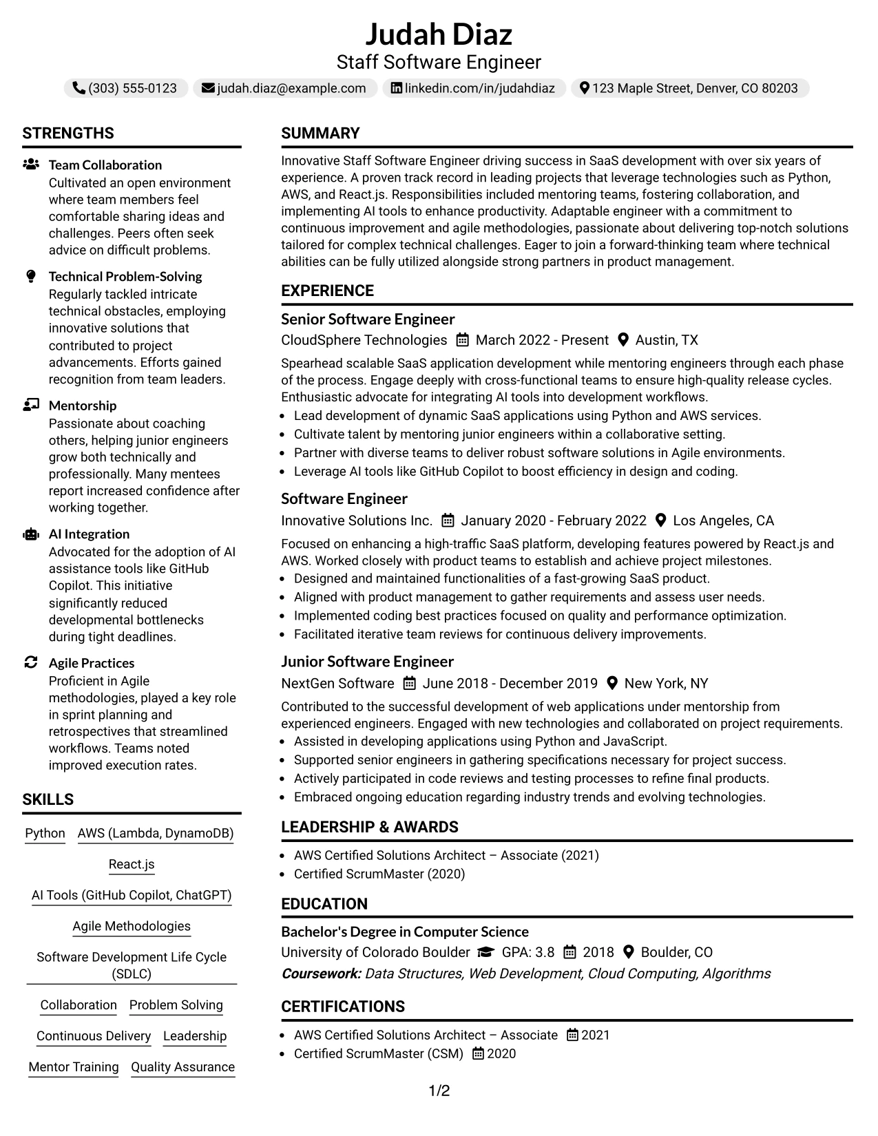 Resume Example Page 1