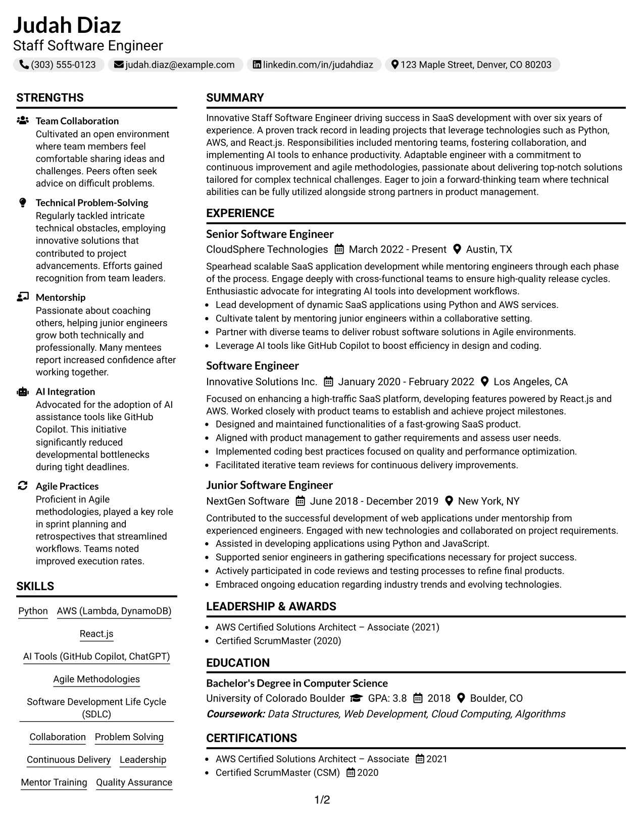 Resume Example Page 1