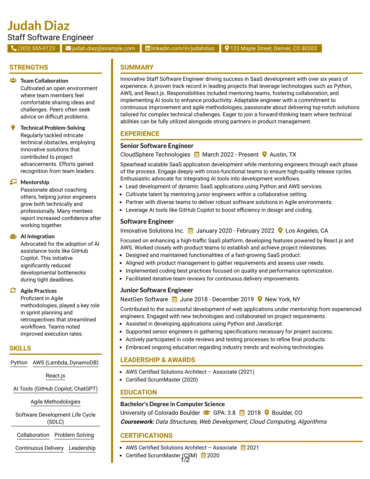 Resume Example Page 1
