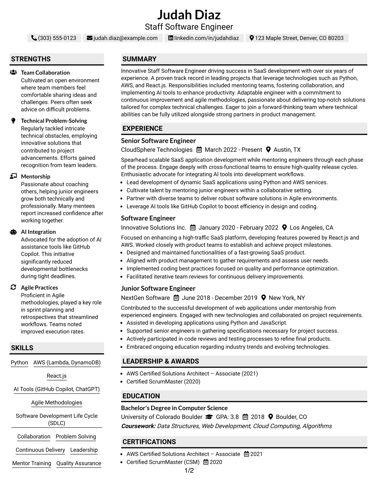 Resume Example Page 1