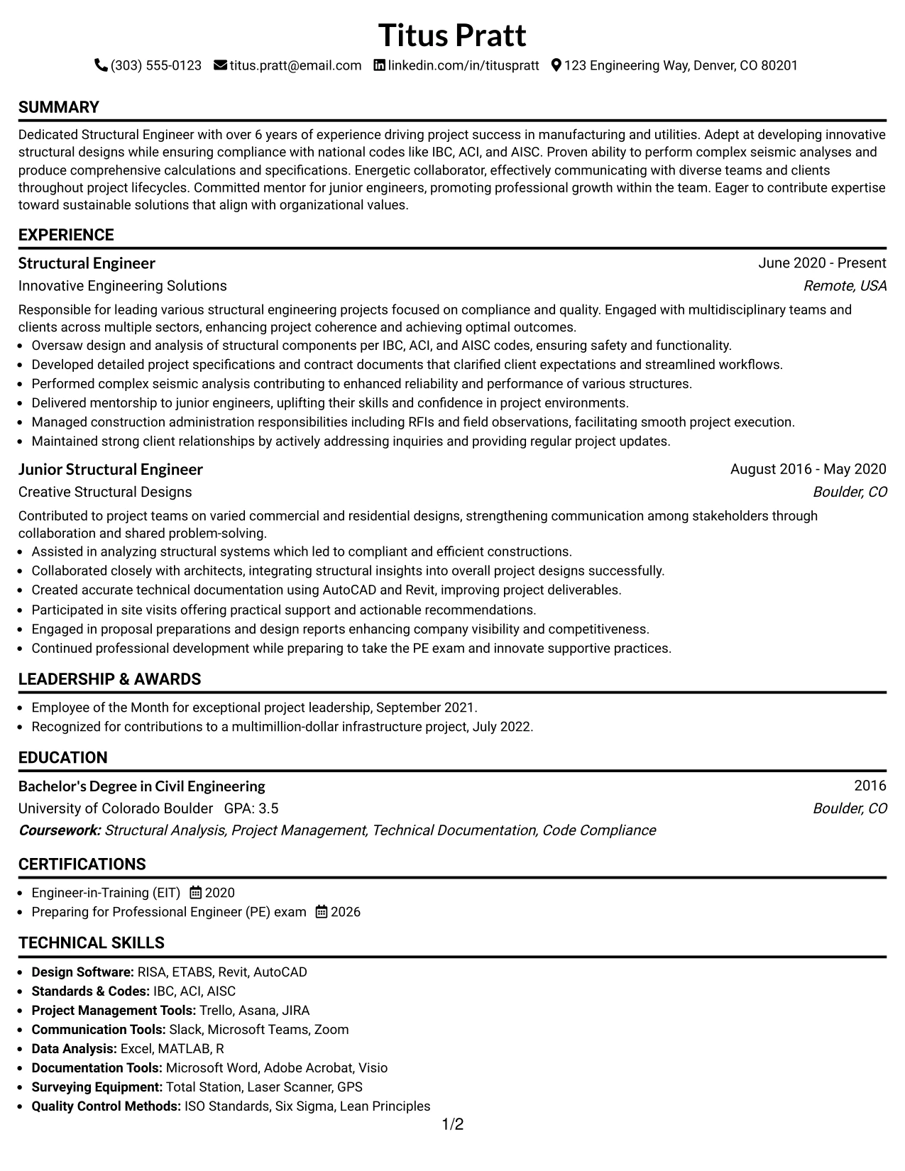 Resume Example Page 1