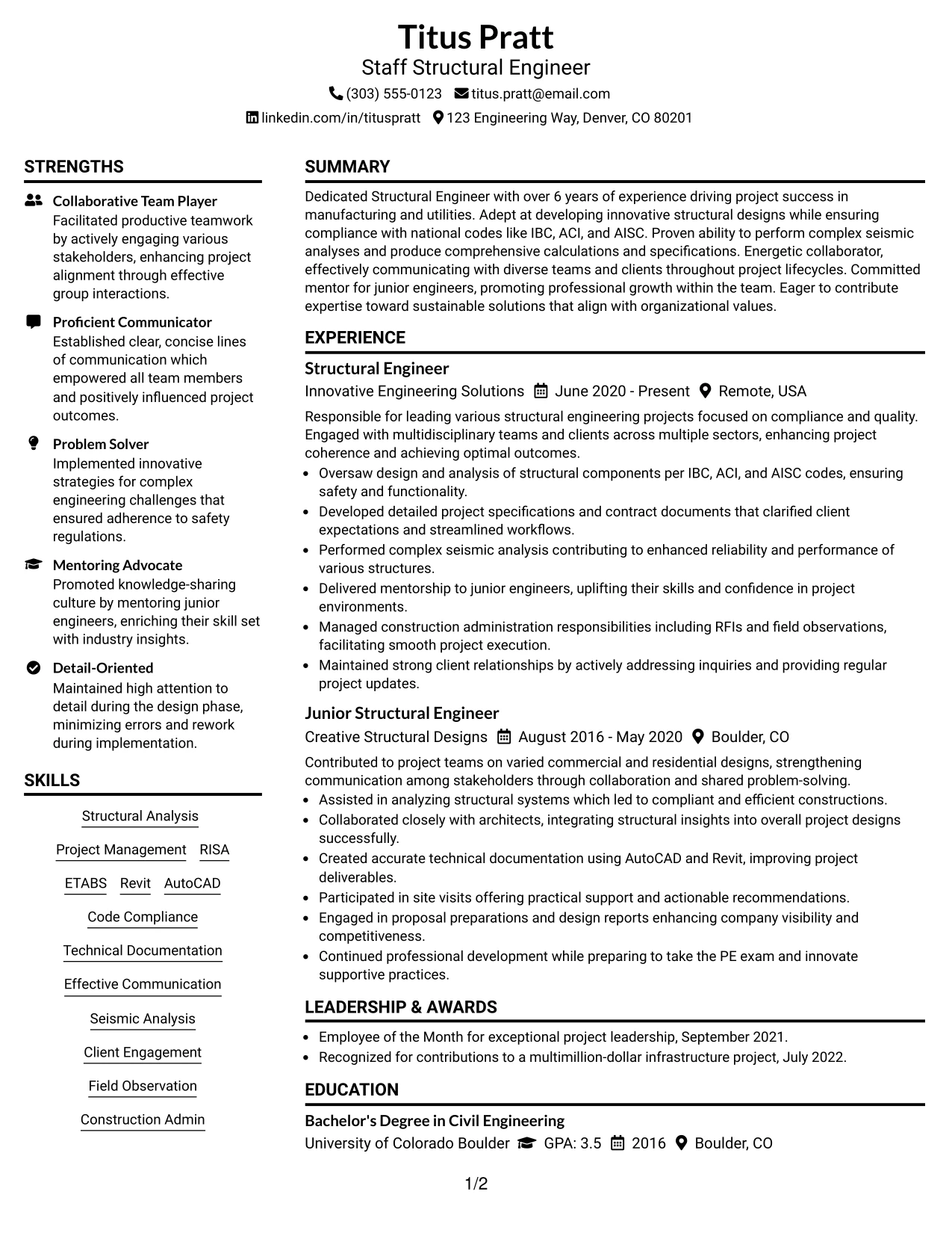 Resume Example Page 1