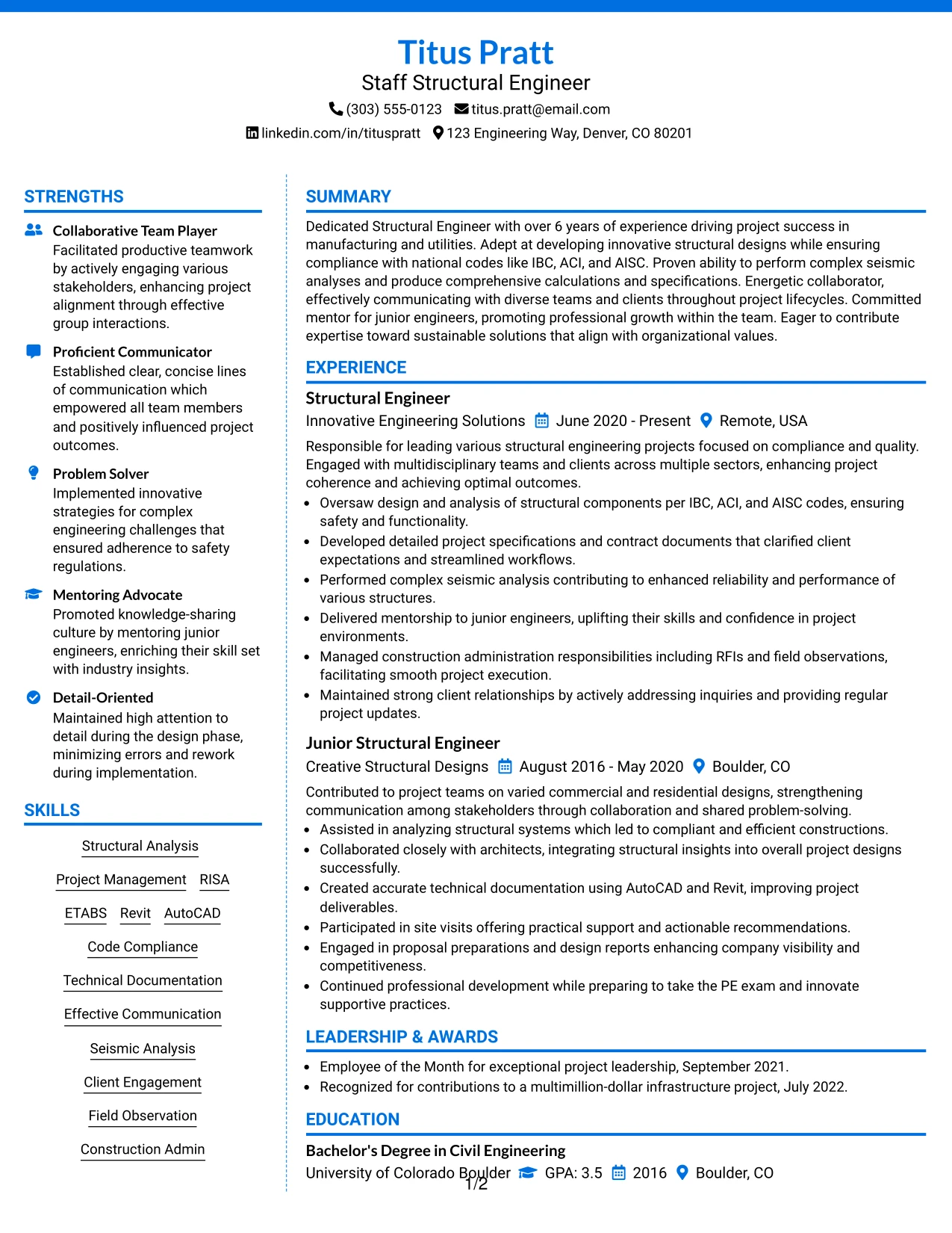 Resume Example Page 1