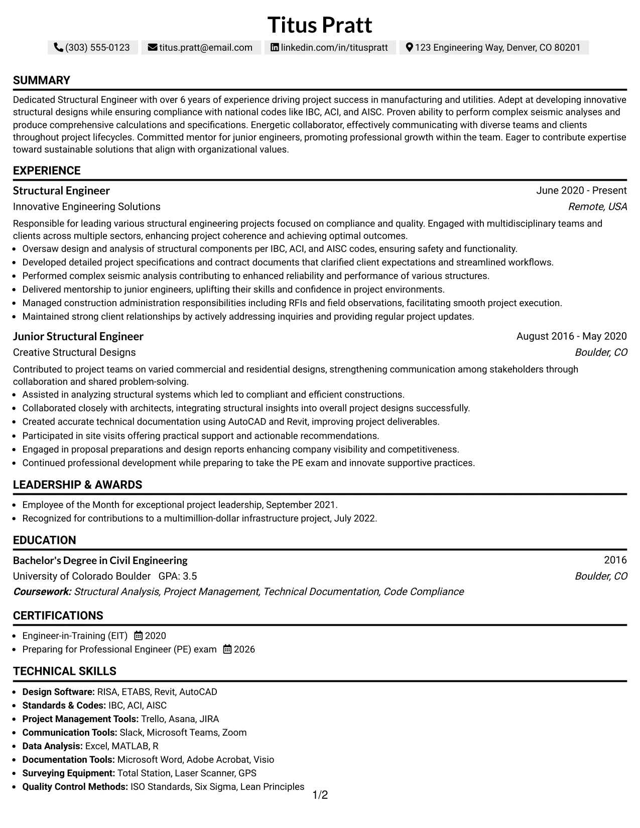 Resume Example Page 1