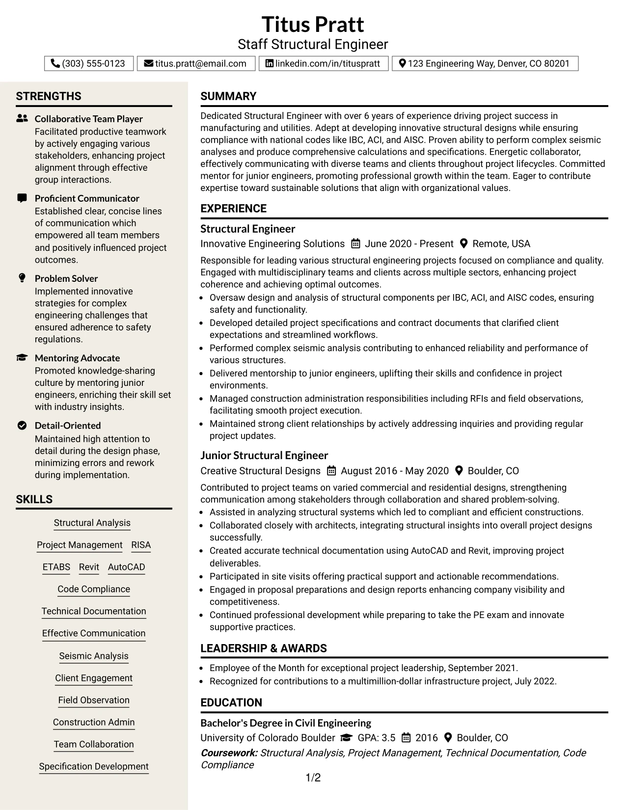 Resume Example Page 1