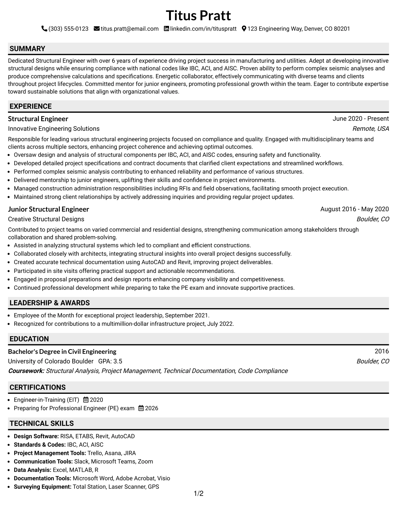 Resume Example Page 1