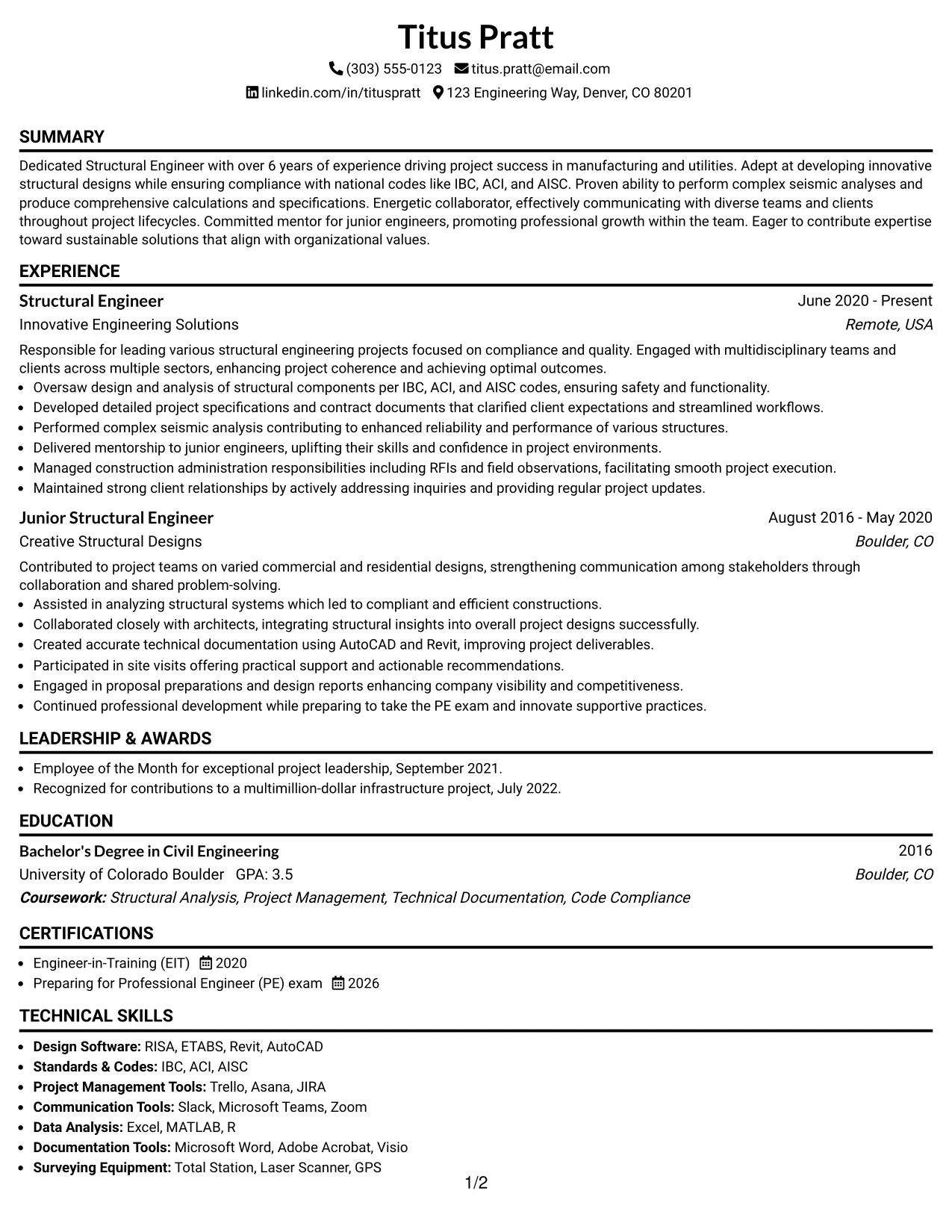 Resume Example Page 1