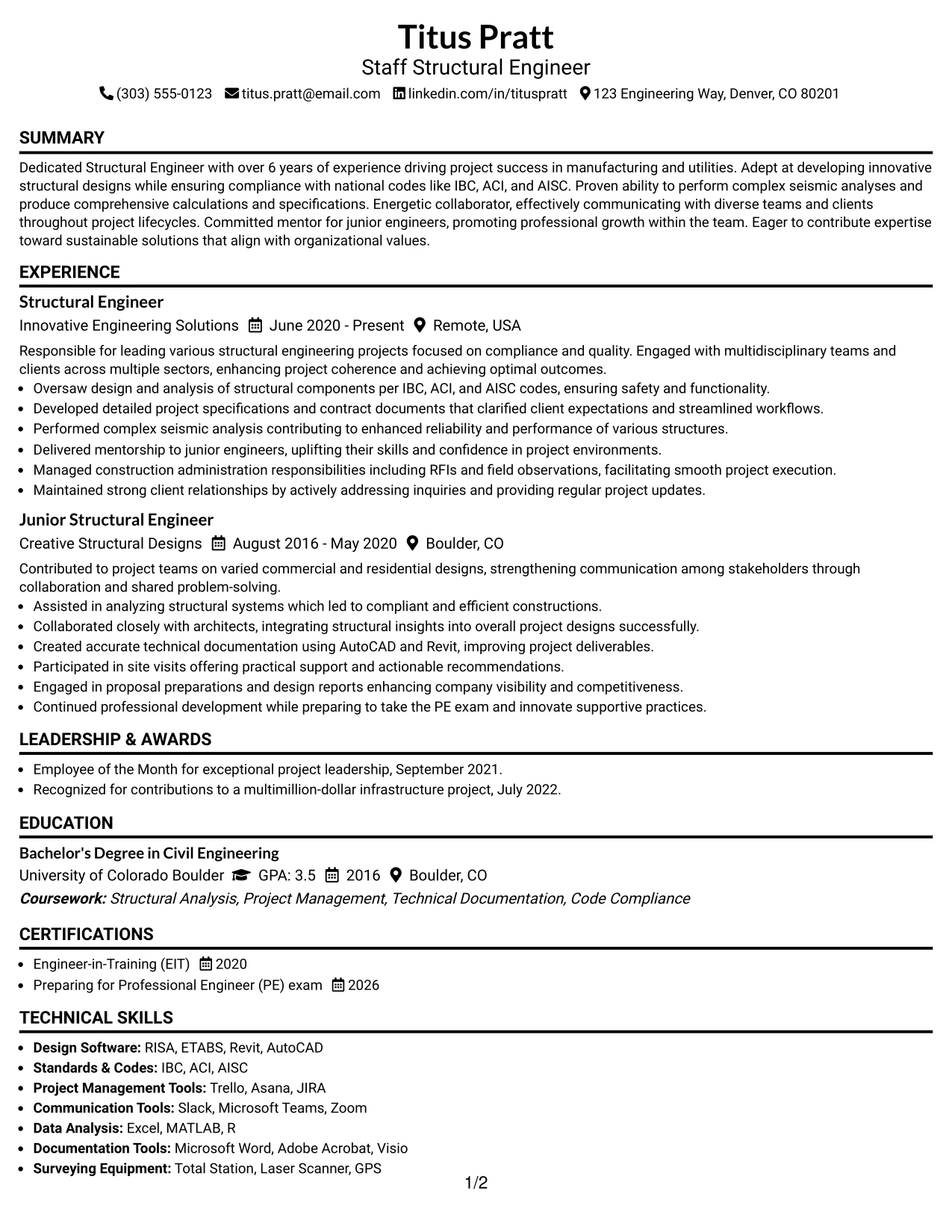 Resume Example Page 1
