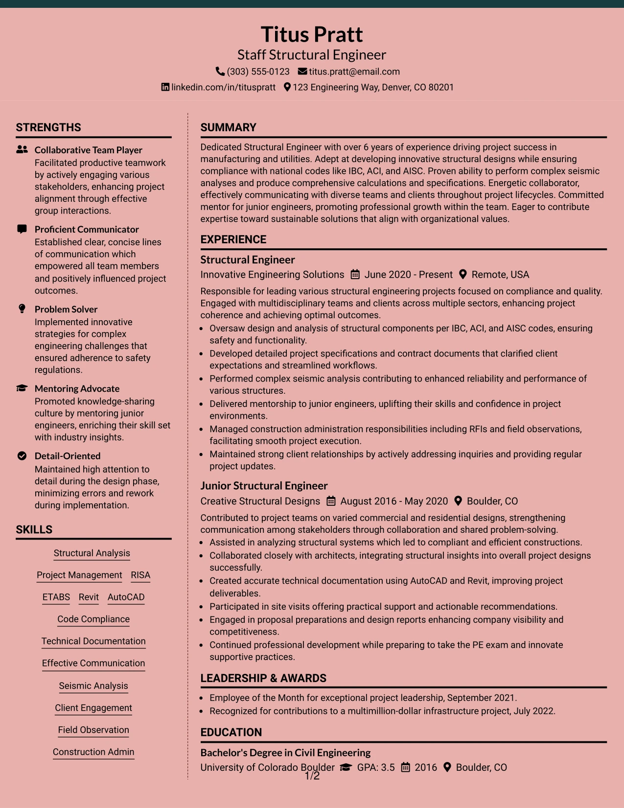 Resume Example Page 1