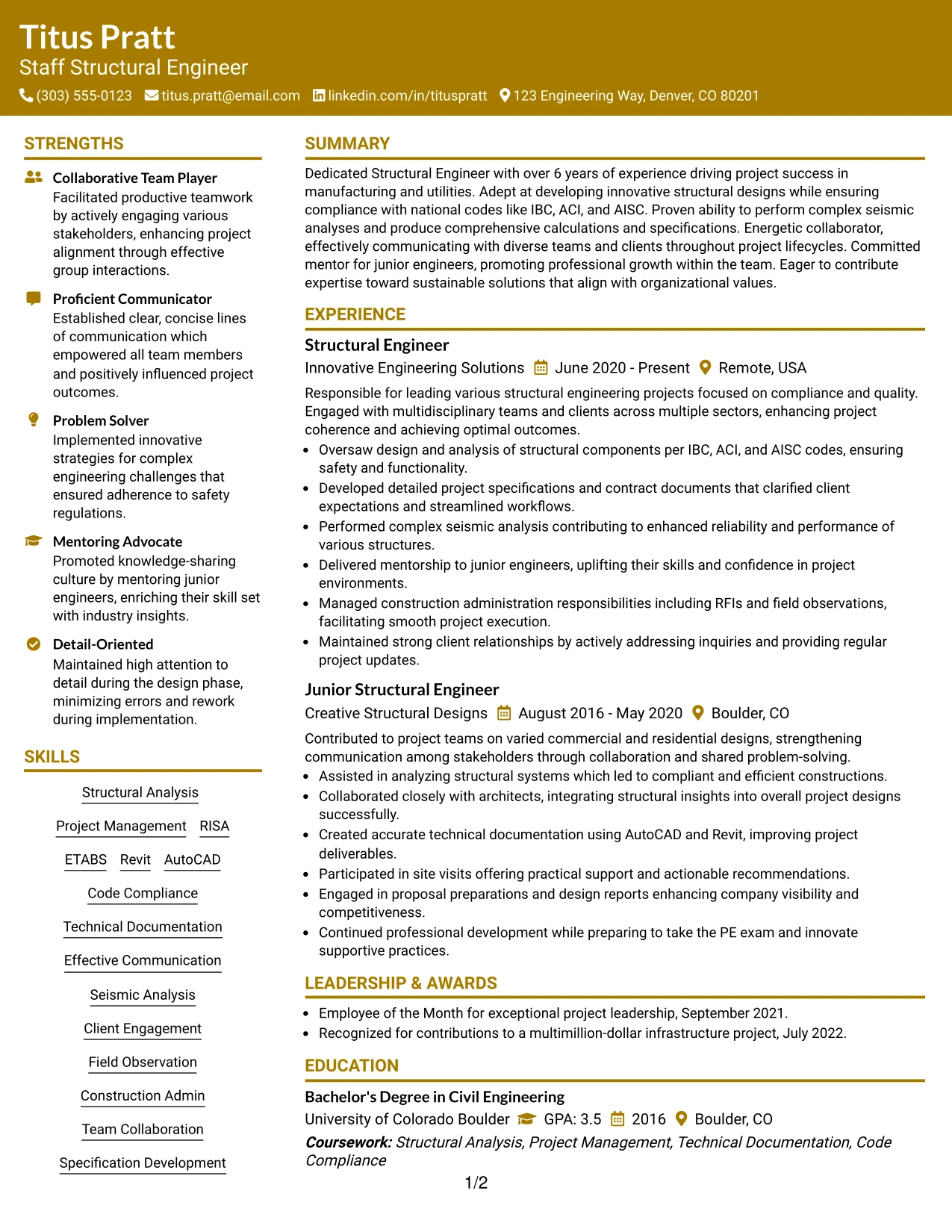 Resume Example Page 1