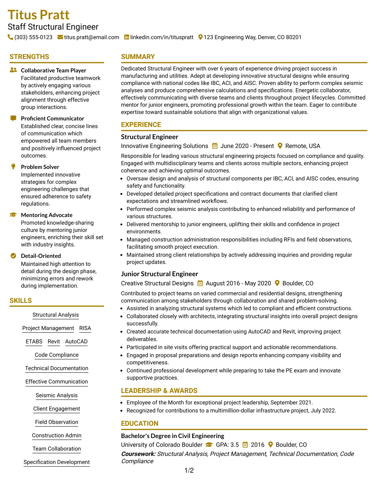 Resume Example Page 1