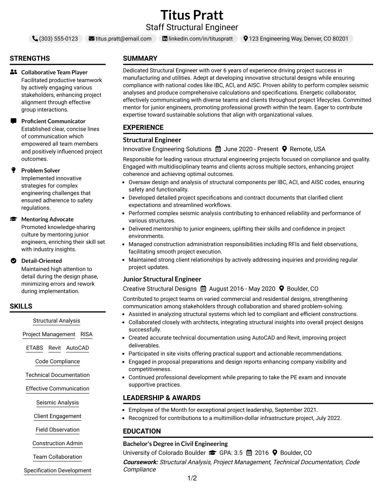 Resume Example Page 1