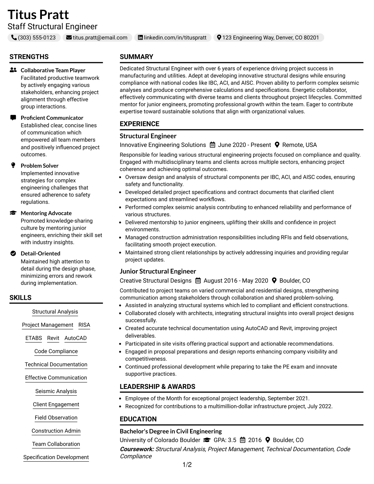 Resume Example Page 1