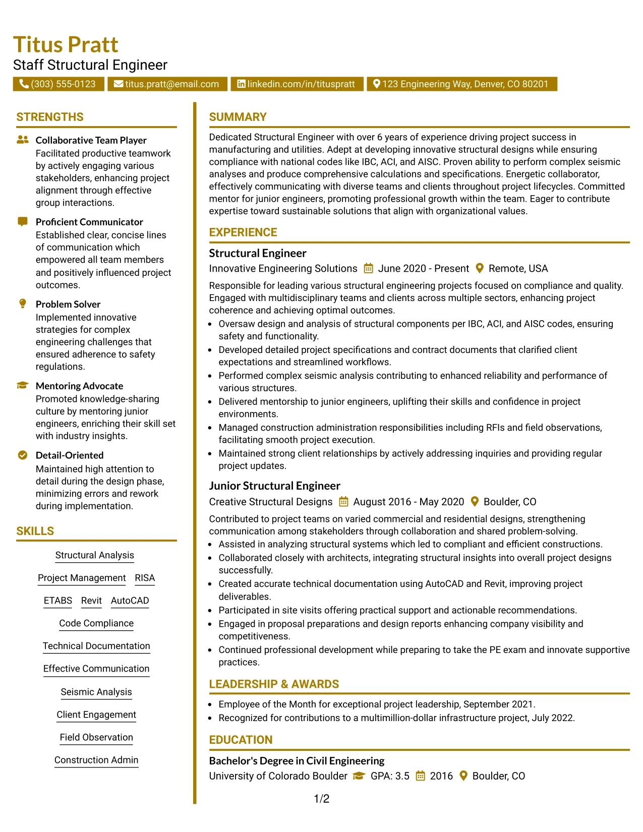 Resume Example Page 1