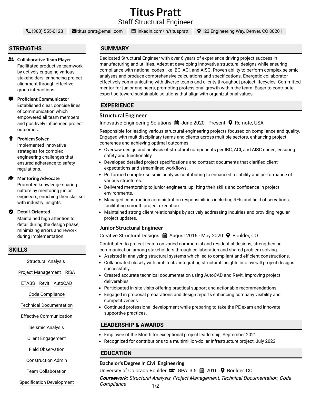 Resume Example Page 1