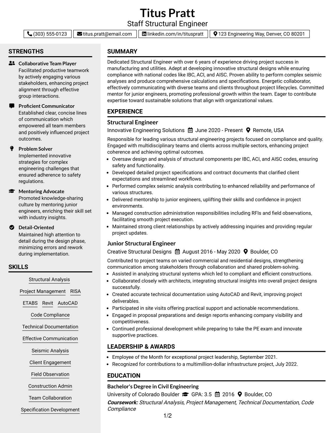 Resume Example Page 1