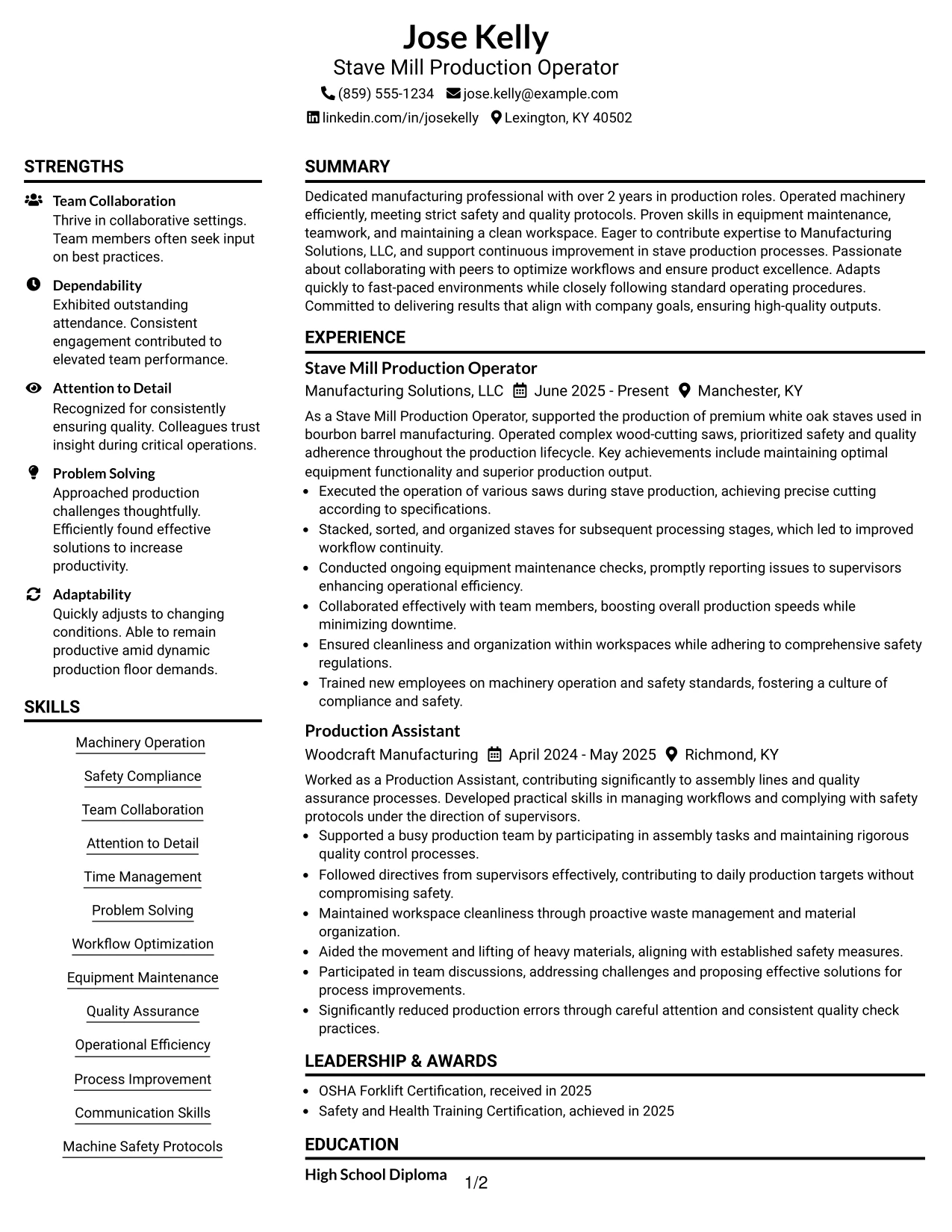 Resume Example Page 1