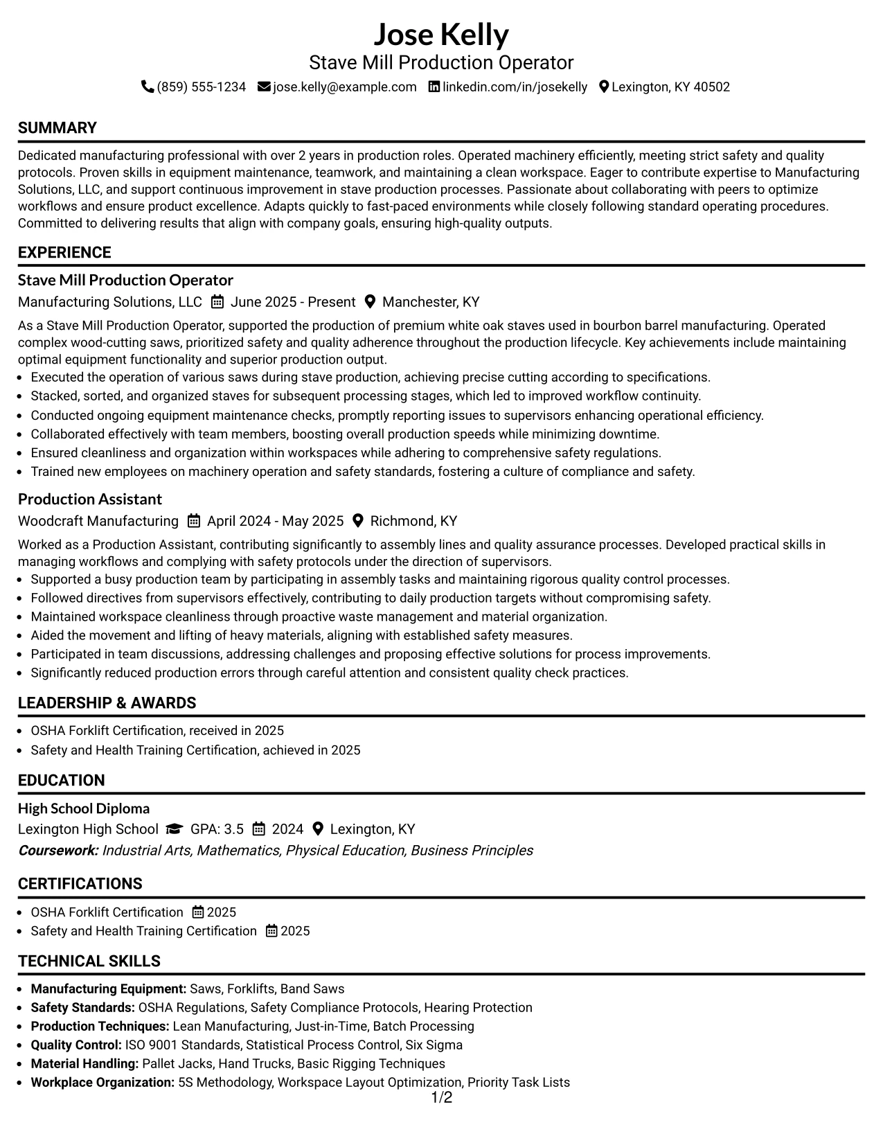 Resume Example Page 1