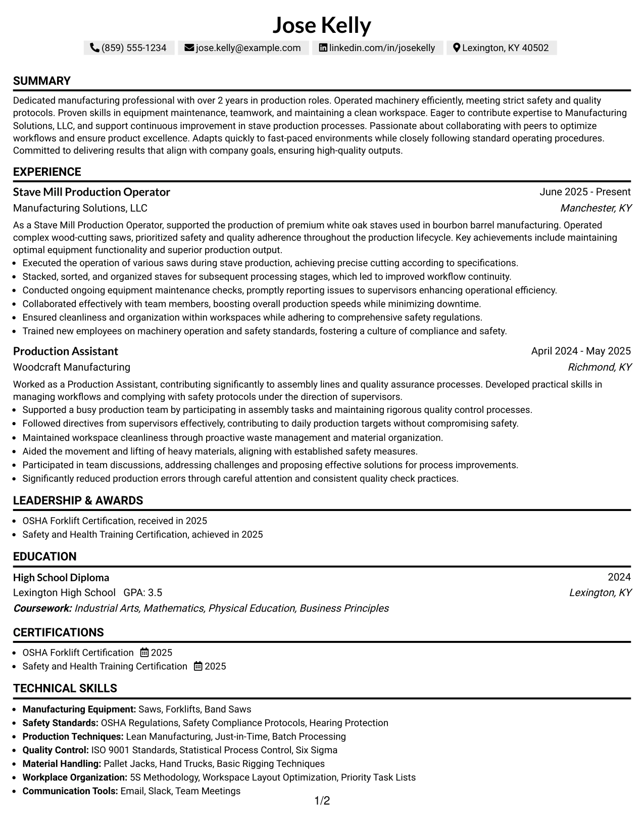 Resume Example Page 1
