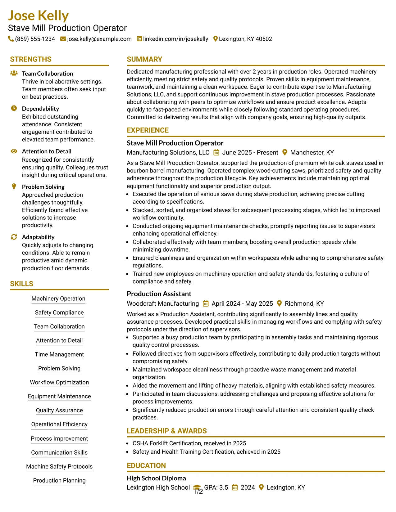 Resume Example Page 1